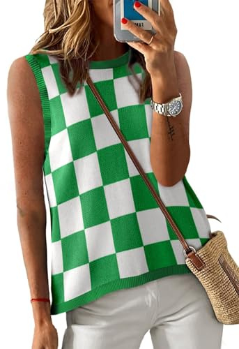 Dokotoo Summer Tops for Women Casual Tank Top for Women Lightweight Knit Sleeveless Spring Checkered Pattern Shirts Womens Ladies High Neck Camisole Blouse Green Medium