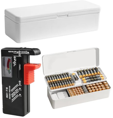 LOMUG Battery Box Battery Storage Box Organiser, Battery Box with Tester, Holds 41 AA Batteries, 55 AAA Batteries and 19 Button Batteries, Battery Box, White (Batteries Not Included)