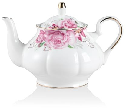 Sweejar Home Porcelain Teapot, 850ml Vintage Floral Gold Rim Design Ceramic Tea Pot, Flower Tea Loose Leaf Teapot, Coffee Pot, Women and Tea Lovers, 3-4 Cups (Flower)