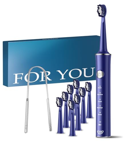 JTF Spazzolino Elettrico Sonico con 8 Testine & Raschietto Lingua, 5 Modalità e Smart Memory, Timer 2 Minuti, Impermeabile IPX7, Rechargeabilité Ricarica Rapida 3H, Adulto (Blu)