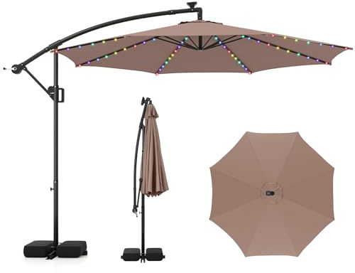 COSTWAY Parasol Déporté Professionnel 3x3 m, Parasol de Jardin Extérieur 96 LED Solaire 9 Modes, Protection UV, Manivelle, 2 Sacs de Sable, Inclinable, pour Balcon, Terrasse, Piscine (Marron)