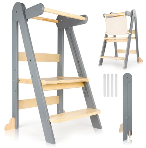 Foldable Toddler Learning Tower, Adjustable Kitchen Helper Step Stool | Folding design with 3-level height, safety guardrail and anti-tip protection for kitchen, mealtimes & bathroom use