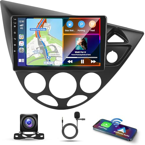 9 Inch Android 14 Car Stereo for Ford Focus MK1 1998-2004 IPS Touch Screen 2 Din Car Radio Receiver w/Wireless Carplay Android Auto GPS Navi Bluetooth Wifi HiFi BT SWC FM Backup Camera Mic, 2+32G