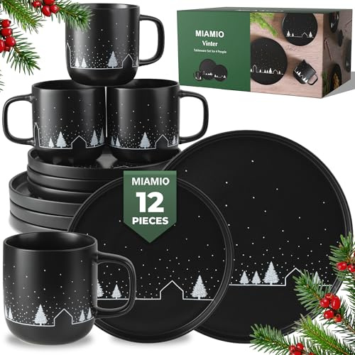 MIAMIO – Set di Piatti di Natale 12 Pezzi/Set di Piatti di Natale con Tazze in design minimalista per le festività (Servizio per 4) / Adatto per Lavastoviglie e Microonde – Collezione Vinter