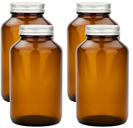Generisch VitaGlas Vorratsdosen Glas Set, 4 Stk Braungläser 250ml mit Deckel Luftdicht, Braunglasflasche Feuchtigkeitsgeschützt für Aufbewahrung Gewürze, Kräuter, Tee, Kaffee, Nüsse