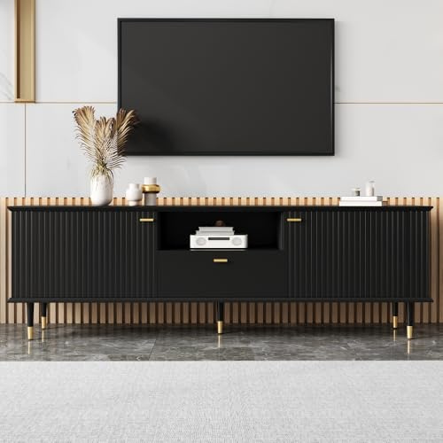 OOIILLEE Meuble TV avec Compartiments Ouverts et tiroirs, Surface texturée laquée, charnières à Fermeture amortie, Poignées et Pieds dorés, Noir