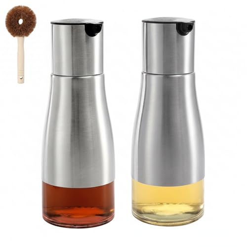 Elyyapt 2 Pack Olive Oil Dispenser Bottle 300ml/10oz Stainless Steel Transparent Glass Oil Bottle Oils Dispenser Cruet Set Vinegar Bottles Cooking Oils Dispensers with Dish Brushes for Kitchen