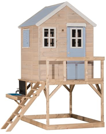 Wendi Toys casetta su palafitta con cucina da esterno, legno FSC, con lavello, rubinetto, piastre gioco e lavagna, casa gioco per bambini resistente alle intemperie, blu - M21PB-K