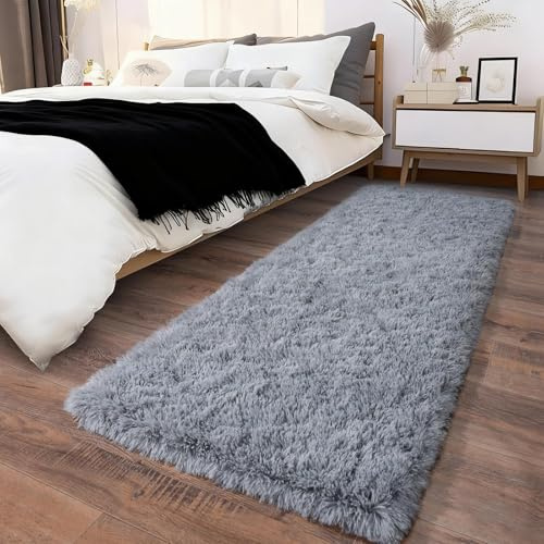 ZXIAOHUI Hochflor Teppich 90 x 230 cm Anti-Rutsch Unterseite, Flauschig, Super Soft, Moderne Deko, Waschbar, Bettvorleger Schlafzimmer rutschfest, Hochflorteppich, für Schlafzimmer, Grau