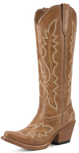 Rollda Cowboy Boots for Women, Knee High Cowgirl Boots, Womens Classic Western Boots Snip Toe, Tall Cowboy Boots Chunky Heel for Ladies Pull On
