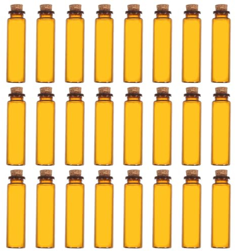 HIAKDOFT Lot de 24 Petits Pots en Verre Brun 20 ML avec Bouchon en Liège, Fioles Artisanales Compactes, pour Loisirs Créatifs, Mariage, Conservation Huiles Essentielles