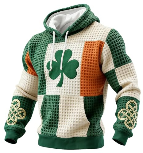 St. Patrick's Day Mens Hoodie Sweatshirt Retro Green Irish Jumper Clover Shamrock Printed Pullover Zip Up Blouse Long Sleeve Shirt Round-Neck Sweater Ireland Tops Casual Loose Clothes