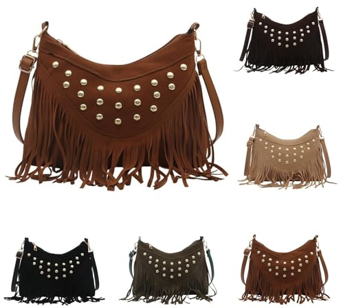 Women's Western Fringe Shoulder Bag Rivets Cowgirl Costume Boho Style Y2k Small Bag Elegant Vintage Tassel 70s with Tassel Shoulder Bag Vintage Work Bag