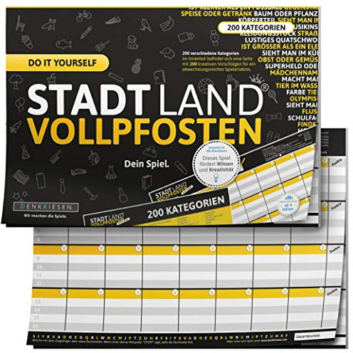 DENKRIESEN Stadt Land VOLLPFOSTEN Do It Yourself | DIN A4 Spielblock | Eigene Kategorien gestalten und immer neue Stadt-Land-Fluss-Spielrunden mit Familie und Freunden erleben.