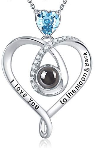 GinoMay Mothers Day Jewellery Birthday Gifts for Mum Wife I Love You to The Moon and Back 100 Languages Necklace Birthstones 925 Sterling Silver Jewellery