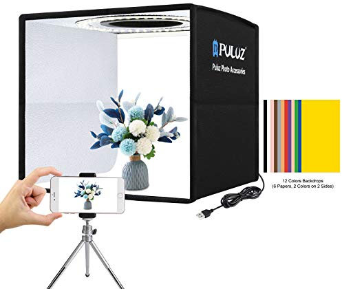 PULUZ Mini ljusbox fotografi, 25 cm bärbar hopfällbar fotobås låda tältkit med 96 st LED-lampor CRI ≥97 + 6 typer dubbelsidiga färger bakgrunder för små storlekar