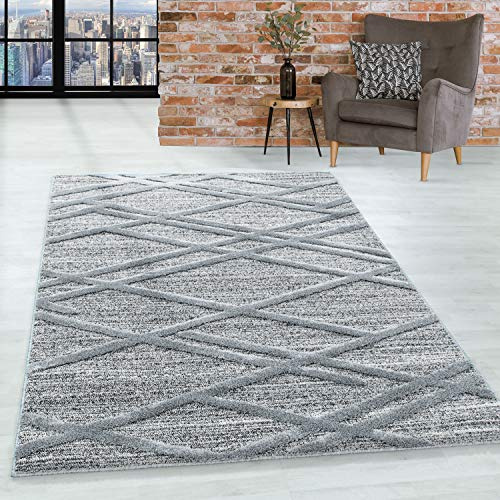 HomebyHome Teppich Läufer 80x150 cm Grau 3D Hoch-Tief Effekt Hochflor Skandi Stil Boho Design Modern Weich Pflegeleicht für Flur Eingangsbereich Küche Schlafzimmer