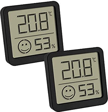 TFA Dostmann digitales Thermo-Hygrometer, 2er Set, 30.5053.01.02, mit Komfortzone für EIN gesundes Raumklima, Anzeige von Innentemperatur und Luftfeuchtigkeit, 46 x 13 (34) x 43 mm, Schwarz