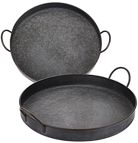 BSTKEY Set mit 2 runden dekorativen Serviertabletts aus Metall mit Griffen, industrieller Bauernhaus-Stil, Serviertablett, Dose, 30 cm + 25 cm