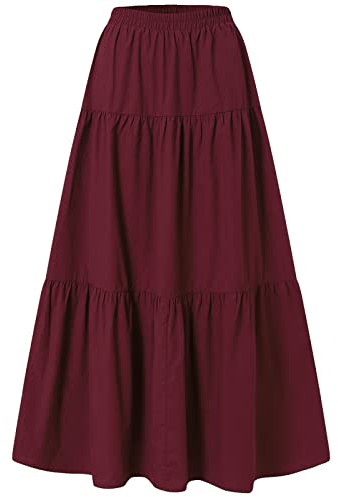 Damen Vintage Elastische Taille A-Linie Langer Midirock Einfarbig Plissiert Großer Saum Basic Ausgestellter Lange Röcke, weinrot, 36