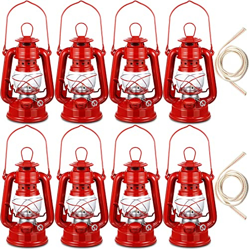 Honoson 8 Pcs Oil Lamps 8 Inch Red Hanging Hurricane Lamp Bulk Kerosene Lantern with Wick for for Indoor Outdoors Hiking Emergency Camping Party Decoration