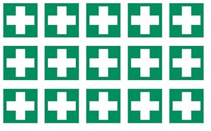15 Aufkleber Erste Hilfe E003 - ø 9,5 cm - UV- und witterungsbeständig - ISO 7010 - nachhaltig - Gebotszeichen Gebotsschild Schild Ersthelfer Verbandskasten (9,8, Erste Hilfe)