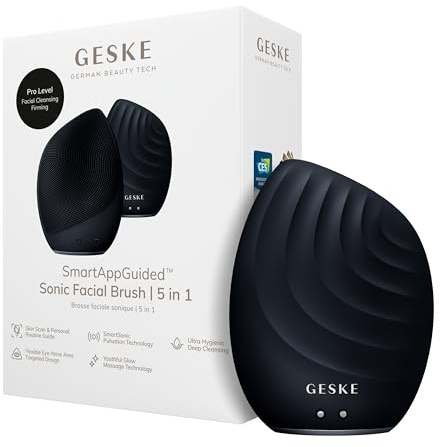 GESKE | Cepillo facial SmartAppGuided™ 5 en 1 | Cepillo de limpieza facial eléctrico | Cepillo de silicona suave | Limpieza facial profesional | Dispositivo de limpieza facial | masajeador facial