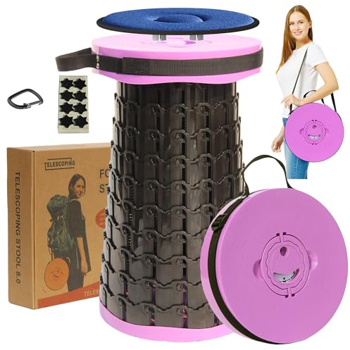 ALEVMOOM 2026 Upgraded XXL 19.7 Collapsible Stool with Cushion, 1000lbs Max Weight Heavy Duty Portable Telescoping Stool, Retractable Seat Folding Chair for Camping Fishing Hiking(Purple-XXL)