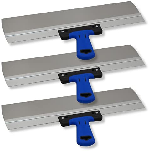 DEWEPRO Breitspachtel 3er Set 500 x 95 mm – Edelstahl Flächenspachtel mit 0,4 mm Blattstärke – Ergonomischer 2K Softgriff & Aluprofilhalterung für Trockenbau, Renovierung & Spachtelarbeiten