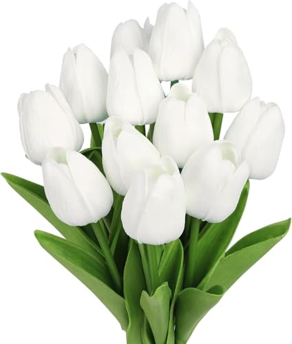 N&T NIETING Artificial Flower Tulips, 12Pcs Fake Tulip Real Touch Latex Faux Tulips Flowers for DIY Floral Wedding Bouquet Arrangements Mother's Day Easte Home Decorations(White)