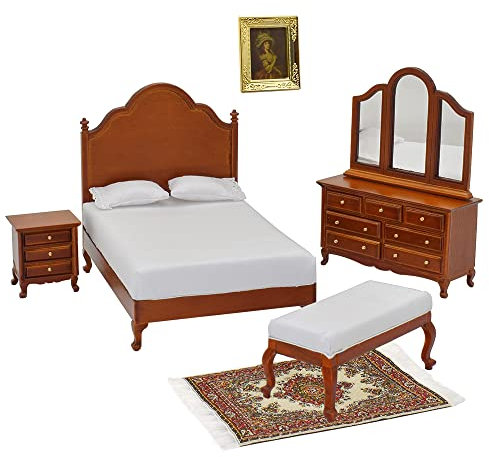 iLAND Puppenhaus möbel im Maßstab 1/12, Handwerks Miniatur Möbel, Vintage Walnuss Puppenhaus Schlafzimmer Set mit gewebtem Teppich 6 teilig, romantische Geschenke (Klassische Walnussfarbe)