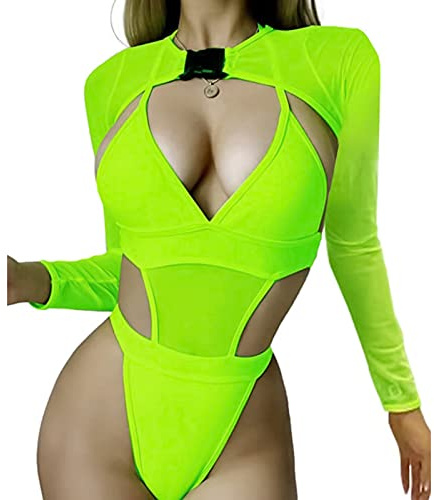 Laughhe Conjunto de 2 piezas para Mujer, Trajes de mujer Rave de Neón, Traje de Baño de Una Pieza Body Crop Top de Manga Larga para Festivales, Discotecas, Fiestas (M)