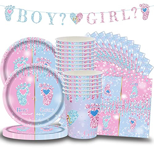 Kit de Décoration pour Baby Shower - 61 Pièces - Bleu Et Rose - Vaisselle de FêTe de Genre - BannièRe Clignotante, Assiettes, Tasses, Serviettes, Fournitures pour Baby Shower