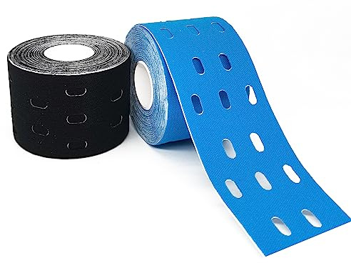 Kinesiologie Tapes, 2 Rollen Perforation Kinesiotapes Schwarz + Blau (5cm x 5m) Selbstklebende Hautfreundliche Tapes Wasserfestes & Elastisches Sport Physio Tape