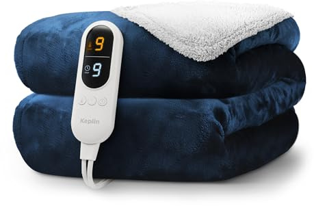 KEPLIN Large Electric Heated Throw Blanket - Electric Heated Blanket Throw for Bedspread 9 Heat Settings & Timer, Machine Washable Fleece Wool Duvet with 1 Year Warranty - Navy/Cream Sherpa