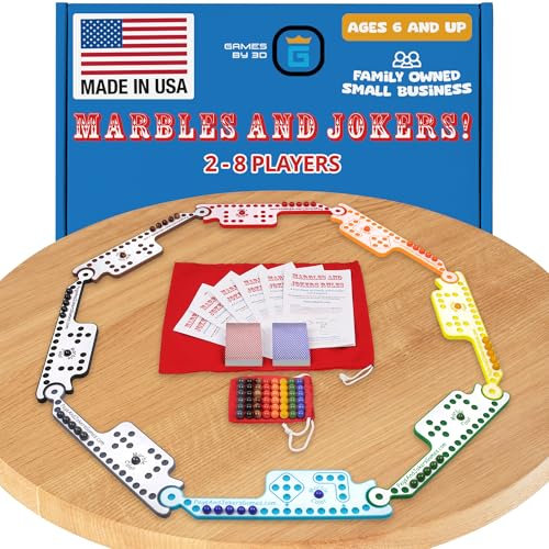 GAMES BY 3D Marbles & Jokers Board Game - 2-8 Players, Fun, Compact, Portable & Durable, Easy to Learn, Color-Coded Boards, Convenient Storage, Perfect for Travel, Holiday Party & Family Game Nights