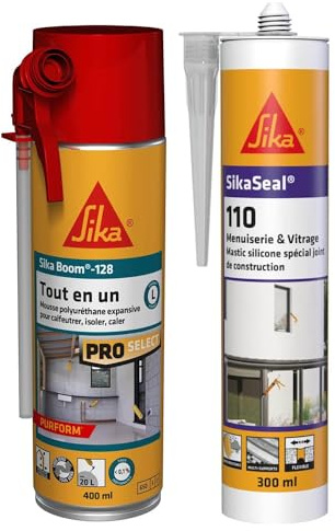 SIKA - Mousse expansivepolyuréthane - Usage tous sens - Isoler & Calfeutrer - Expansion 20L - 400ml - Blanc + Mastic silicone pour joint de menuiserie et vitrage - 300ml - Transparent