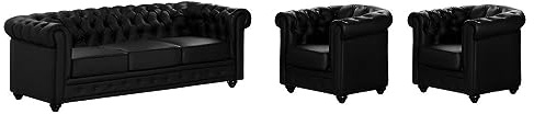 Vente-unique - Divano 3 posti+ 2 Poltrone Chesterfield - similpelle - nero