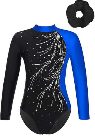 Oyolan Mädchen Langarm Gymnastikanzug Kinder Turnanzug mit Rundhals Pailletten Turnbody Gymnastiktrikot Turntrikot Gr.116-176 M Blau Schwarz 170