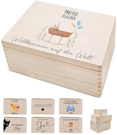 Bärenfreunde - Personalisierte Erinnerungsbox mit Spezial-Druck - Erinnerungsbox Holz als Geburt Geschenk, Hochzeit Geschenk, Führerschein Geschenk, Dankeschön (S | Klappdeckel,Baby blau)