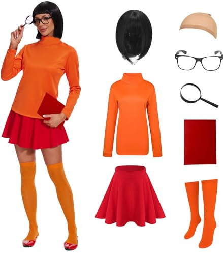 AJGEGJE Velma Costume da Donna Arancio Dolcevita Gonna Skater, Calze Adulto Cosplay Costumi per feste Carnevale e Halloween (L)