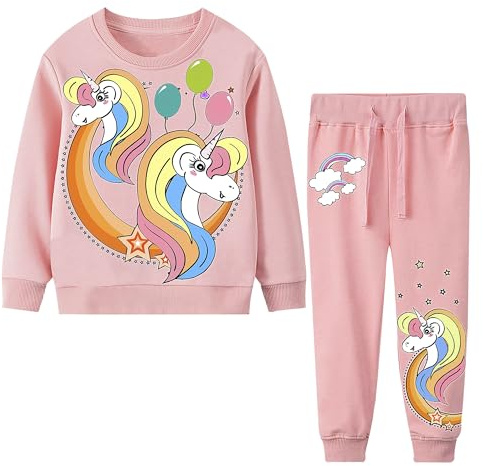 FILOWA Survêtement Fille Enfant Jogging Ensemble de Sport Coton Sportswear Chaud Manches Longues Pull Licorne Imprimé Sweat et Pantalon Avec Poche Printemps Automne Hiver Vetement 6-7 Ans, Rose Clair