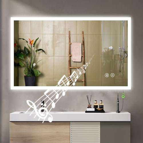 YOLEO Miroir de Salle de Bain avec éclairage, LED avec Haut-Parleur Bluetooth, Prise de Courant, Miroir Mural LED Anti-buée avec Interrupteur Tactile, 3 Couleurs de lumière réglables, 100 x 60 cm