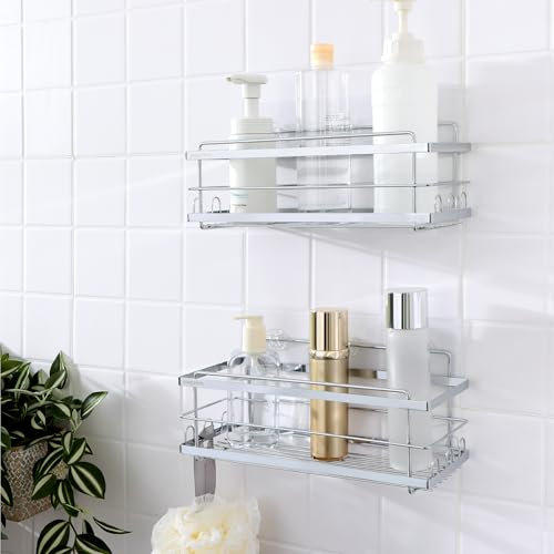 KINCMAX Iron Shower Caddies - Self Adhesive Bathroom Shelves for Showers - Wall Organiser Shampoo Holder Shelf - Peel and Stick On Caddy Bath Tub Rack - Pack of 2 Holders - Silver