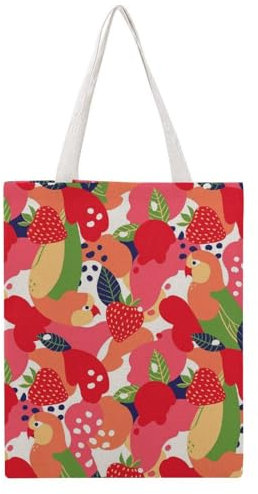 VYJLOO Erdbeere Vogel Damen Shopper Canvas Handtasche Einkaufstasche Tragetasche Schultertasche Umhängetaschen 38×46cm