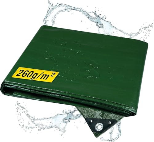 horizont Telo di copertura impermeabile 260 g/m², 8 x 10 m, con occhielli antistrappo, sabbiera e copertura per piscina, telo in tessuto per auto, moto, bicicletta, antivento, per esterni, verde