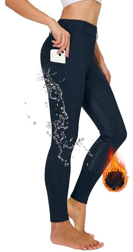 Leggings invernali da equitazione da donna, con imbottitura completa, termica, da equitazione, foderati in pile, impermeabili, con passanti per cintura, blu marino, S