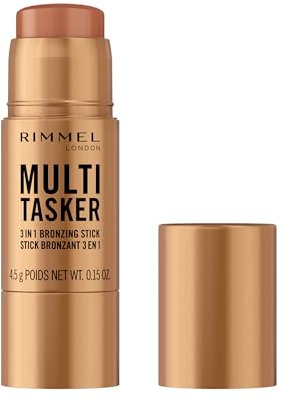 Rimmel Multi Tasker 3 in 1 Bronzing Stick, 002 Medium, Sculpted and Bronzed Glow, All-Day Wear, Sheer and Dewy Finish, Infused with Vitamin C & E, Vegan Formula, Cruelty-Free