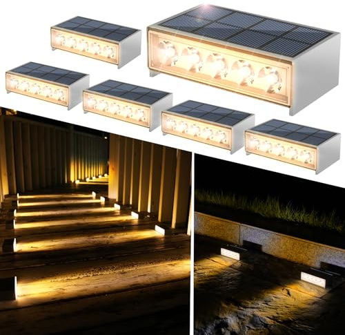 NATPOW 6 Packs Solar Stair Lights, Dusk Till Dawn Outdoor Lights, Warm White Solar Step Lights, Ip65 Waterproof Deck Light, Wall Light for Front Porch, Fence, Yard, Patio, Pathway