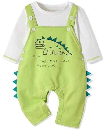 Volunboy Kostym för barn, unisex set med 2 långa ärmar och snickarbyxor söt dinosaurie babyklänning jumpsuit, Grön, 18-24 M�nader